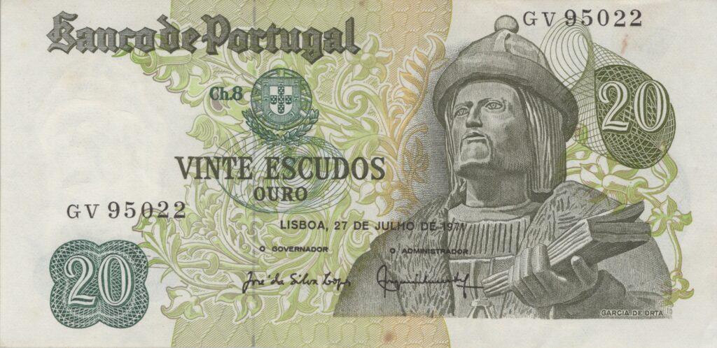 PORTUGAL billet de 20 Escudos 27-07-1971, Garcia de Orta - Pick-173(2)