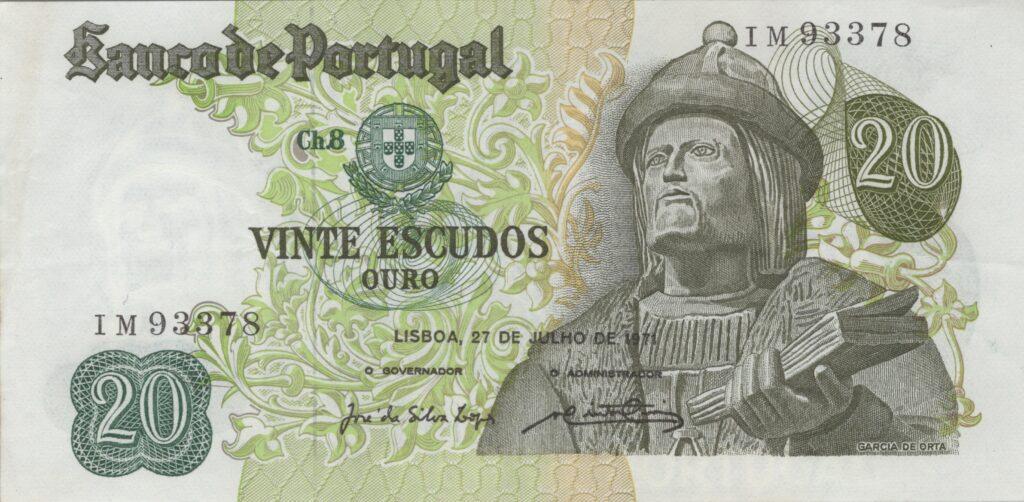 PORTUGAL billet de 20 Escudos 27-07-1971, Garcia de Orta - Pick-173(3)
