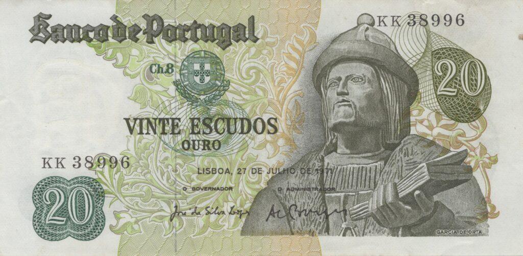 PORTUGAL billet de 20 Escudos 27-07-1971, Garcia de Orta - Pick-173(4)