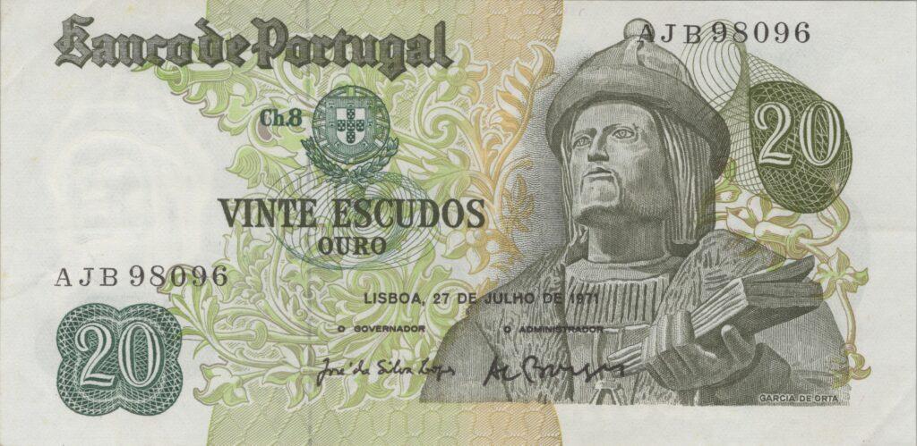PORTUGAL billet de 20 Escudos 27-07-1971, Garcia de Orta - Pick-173(4)