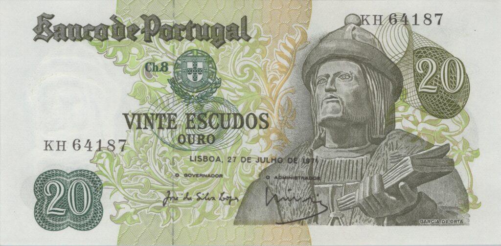 PORTUGAL billet de 20 Escudos 27-07-1971, Garcia de Orta - Pick-173(5)