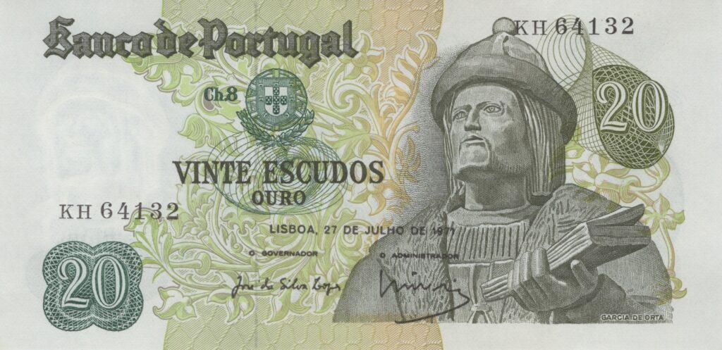 PORTUGAL billet de 20 Escudos 27-07-1971, Garcia de Orta - Pick-173(5)