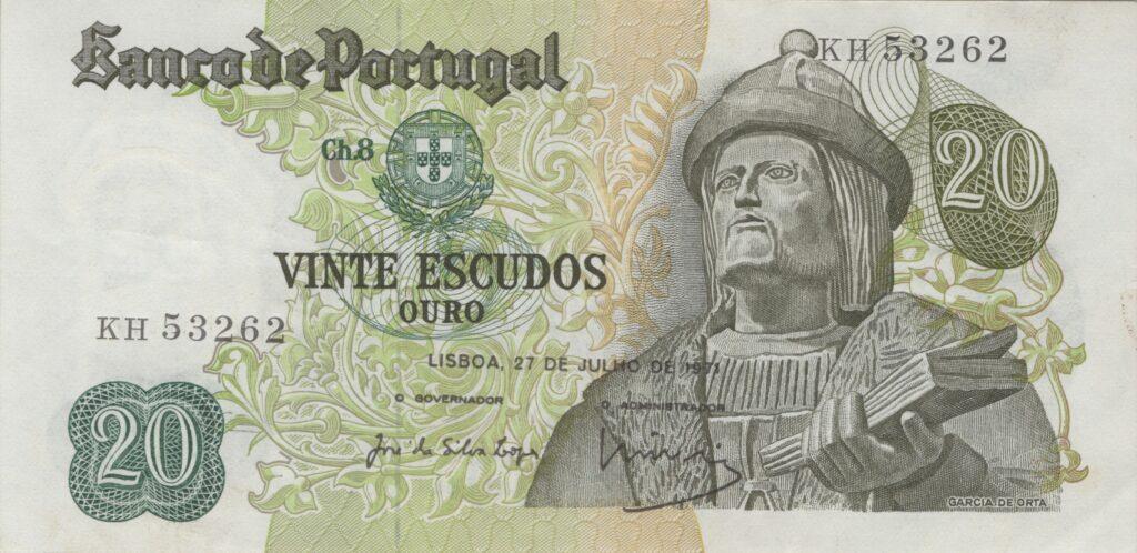 PORTUGAL billet de 20 Escudos 27-07-1971, Garcia de Orta - Pick-173(5)