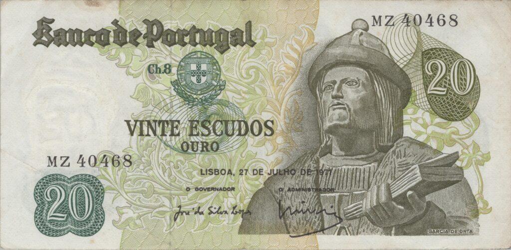 PORTUGAL billet de 20 Escudos 27-07-1971, Garcia de Orta - Pick-173(5)