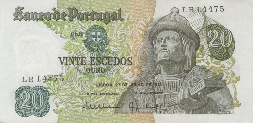 PORTUGAL billet de 20 Escudos 27-07-1971, Garcia de Orta - Pick-173(7)