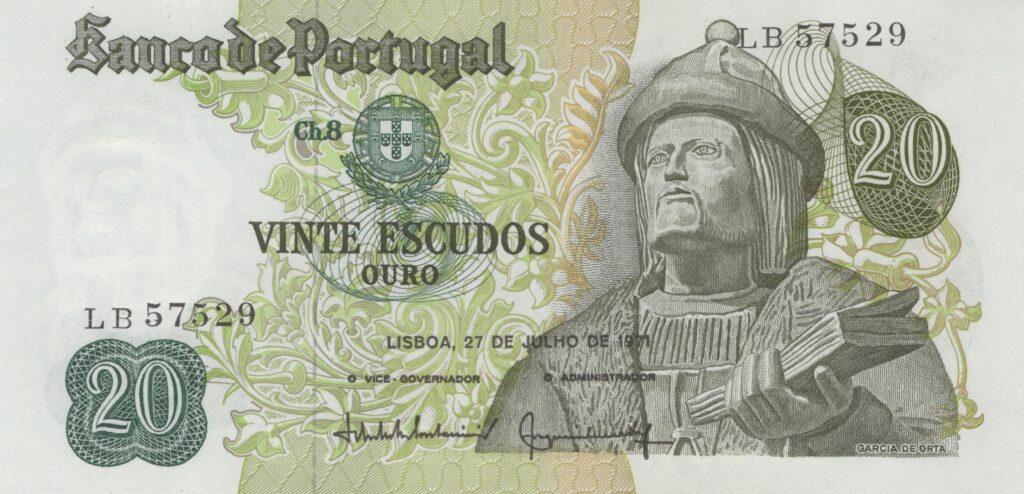 PORTUGAL billet de 20 Escudos 27-07-1971, Garcia de Orta - Pick-173(7)