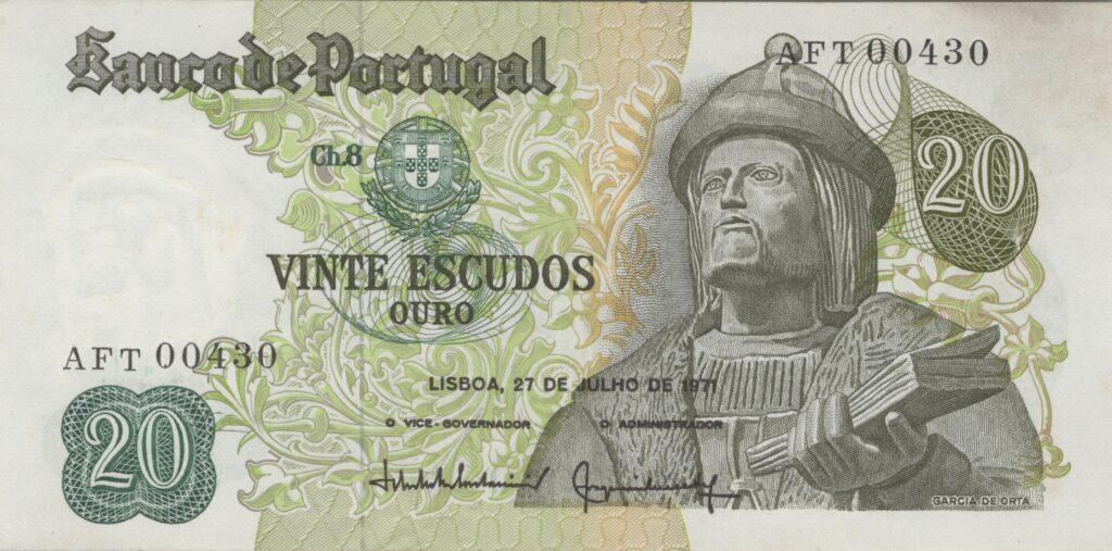 PORTUGAL billet de 20 Escudos 27-07-1971, Garcia de Orta - Pick-173(7)