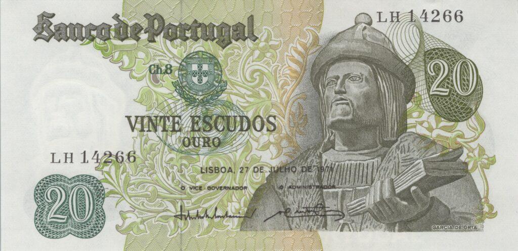 PORTUGAL billet de 20 Escudos 27-07-1971, Garcia de Orta - Pick-173(8)