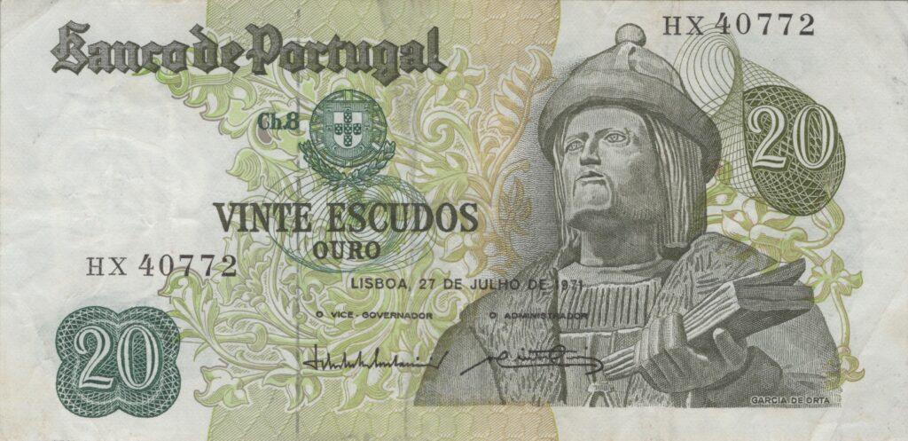 PORTUGAL billet de 20 Escudos 27-07-1971, Garcia de Orta - Pick-173(8)