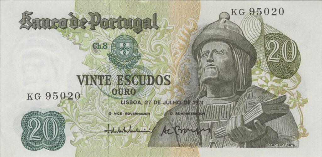 PORTUGAL billet de 20 Escudos 27-07-1971, Garcia de Orta - Pick-173(9)