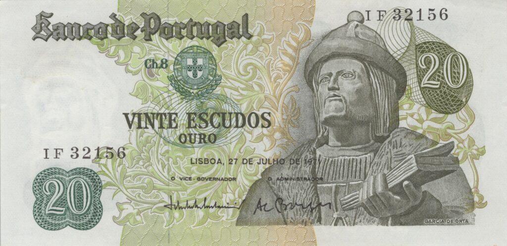 PORTUGAL billet de 20 Escudos 27-07-1971, Garcia de Orta - Pick-173(9)