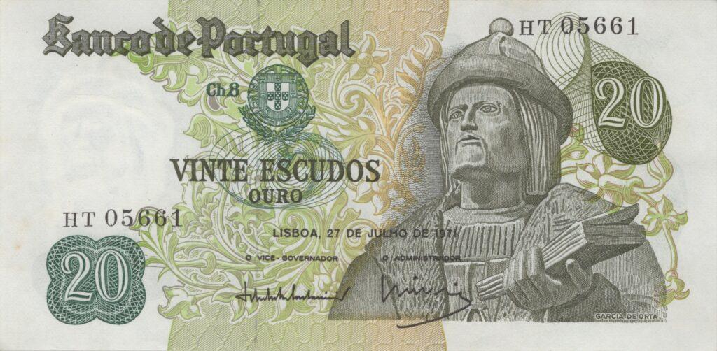 PORTUGAL billet de 20 Escudos 27-07-1971, Garcia de Orta - Pick-173(10)