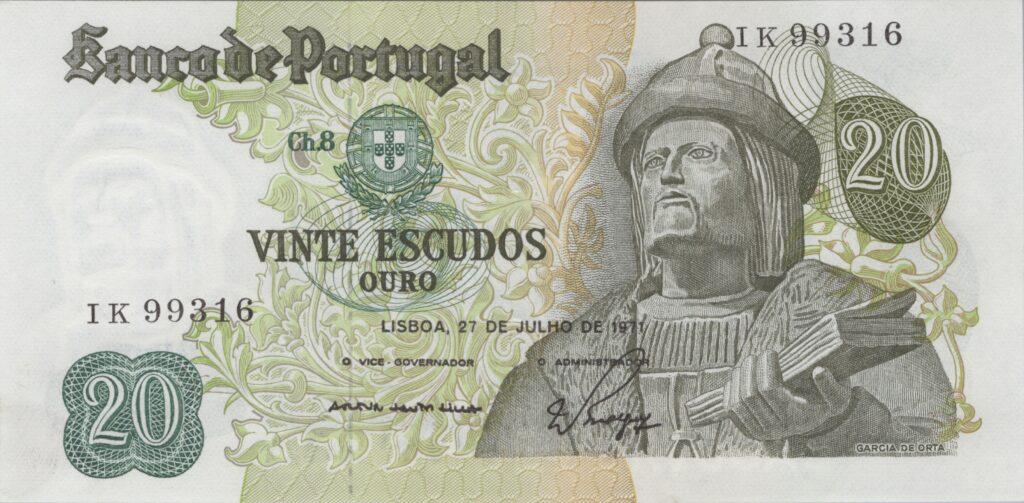 PORTUGAL billet de 20 Escudos 27-07-1971, Garcia de Orta - Pick-173(11)