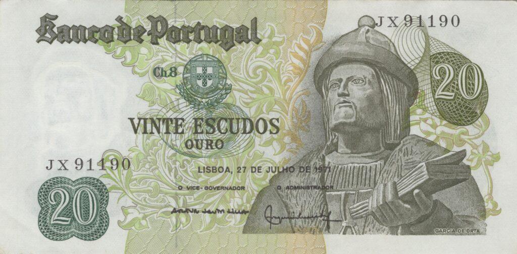 PORTUGAL billet de 20 Escudos 27-07-1971, Garcia de Orta - Pick-173(12)