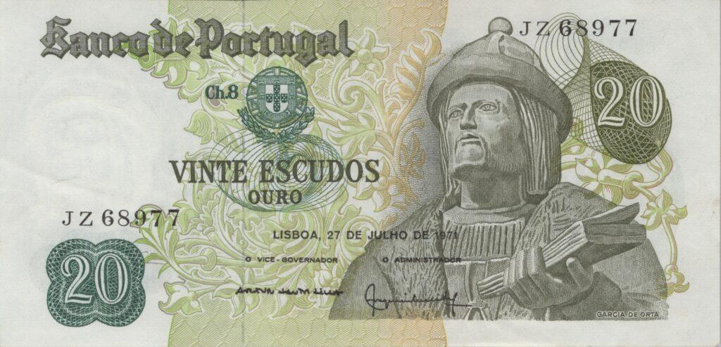 PORTUGAL billet de 20 Escudos 27-07-1971, Garcia de Orta - Pick-173(12)