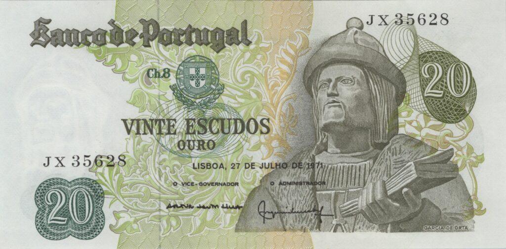PORTUGAL billet de 20 Escudos 27-07-1971, Garcia de Orta - Pick-173(12)