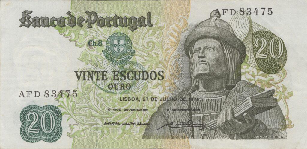 PORTUGAL billet de 20 Escudos 27-07-1971, Garcia de Orta - Pick-173(13)