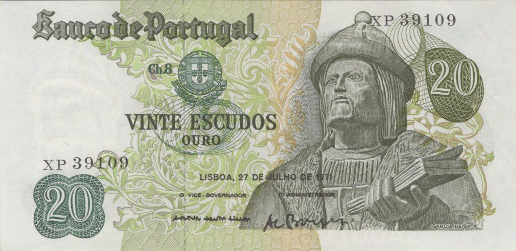 PORTUGAL billet de 20 Escudos 27-07-1971, Garcia de Orta - Pick-173(14)
