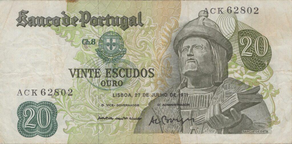 PORTUGAL billet de 20 Escudos 27-07-1971, Garcia de Orta - Pick-173(14)