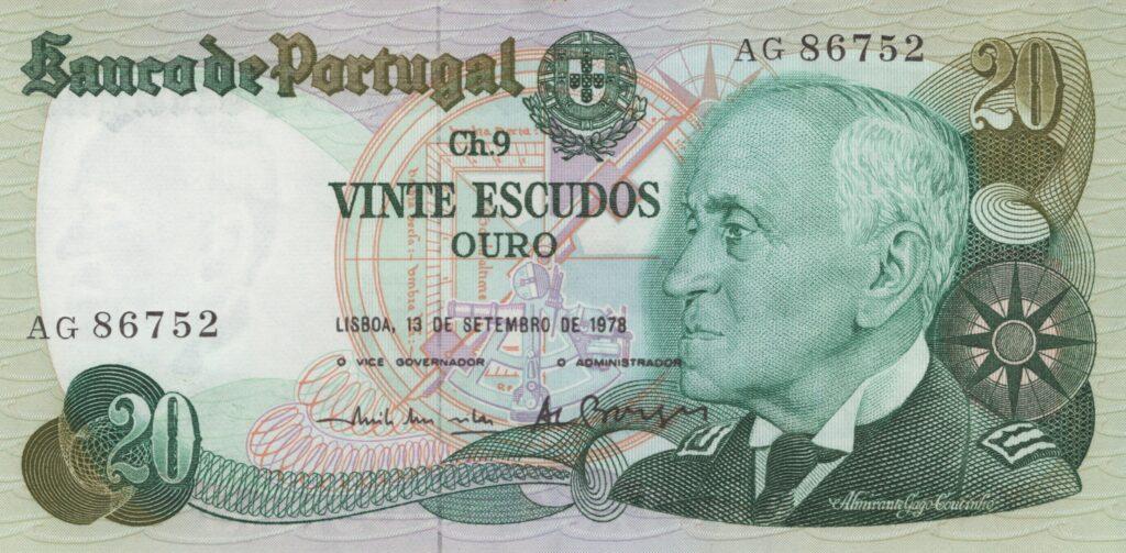 PORTUGAL billet de 20 Escudos 13-09-1978, Amiral Gago Coutinho - Pick-176a(5)