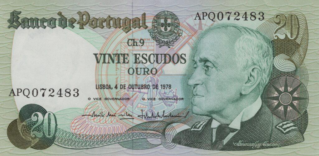 PORTUGAL billet de 20 Escudos 04-10-1978, Amiral Gago Coutinho - Pick-176b(2)