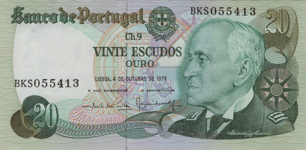 PORTUGAL billet de 20 Escudos 04-10-1978, Amiral Gago Coutinho - Pick-176b(3)