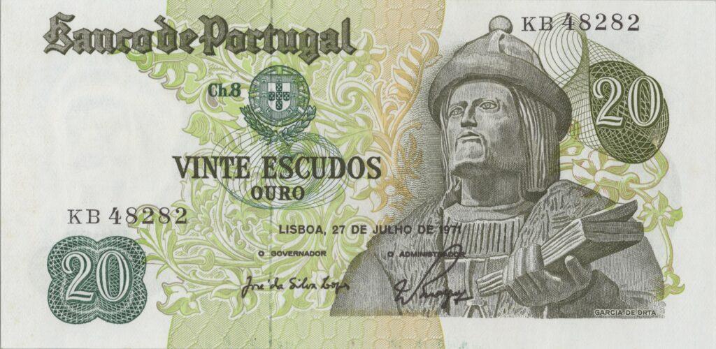 PORTUGAL billet de 20 Escudos 27-07-1971, Garcia de Orta - Pick-173(1)