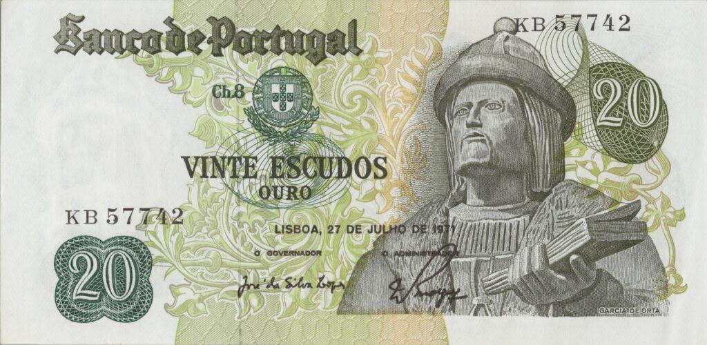 PORTUGAL billet de 20 Escudos 27-07-1971, Garcia de Orta - Pick-173(1)