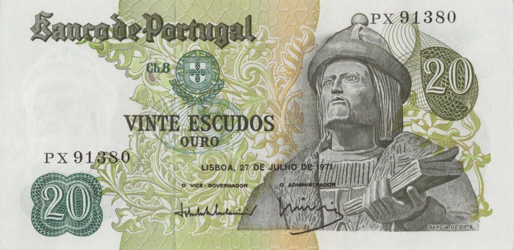 PORTUGAL billet de 20 Escudos 27-07-1971, Garcia de Orta - Pick-173(10)