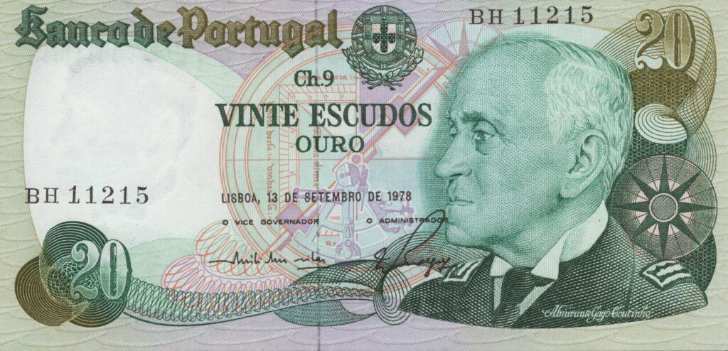 PORTUGAL billet de 20 Escudos 13-09-1978, Amiral Gago Coutinho - Pick-176a(2)