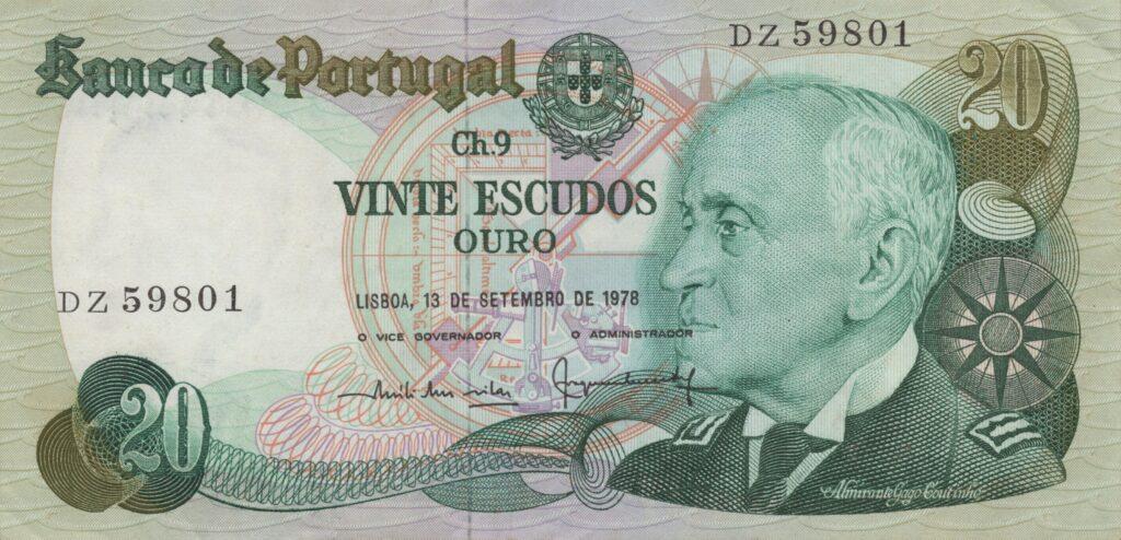 PORTUGAL billet de 20 Escudos 13-09-1978, Amiral Gago Coutinho - Pick-176a(3)