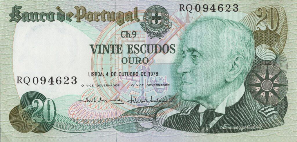 PORTUGAL billet de 20 Escudos 04-10-1978, Amiral Gago Coutinho - Pick-176b(2)