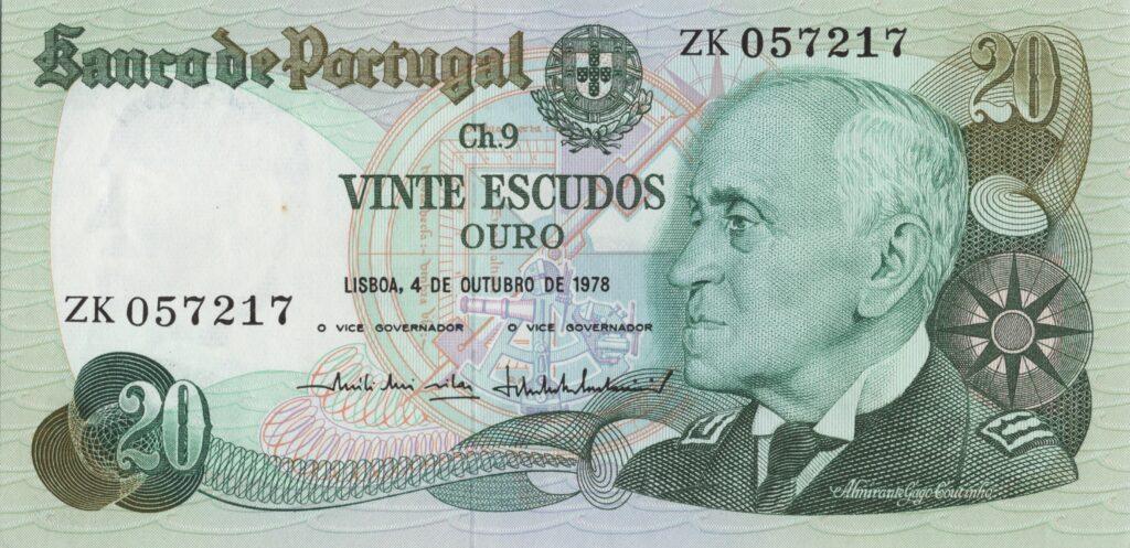 PORTUGAL billet de 20 Escudos 04-10-1978, Amiral Gago Coutinho - Pick-176b(2)