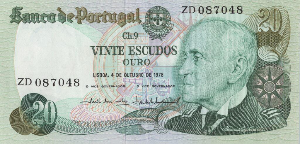 PORTUGAL billet de 20 Escudos 04-10-1978, Amiral Gago Coutinho - Pick-176b(2)