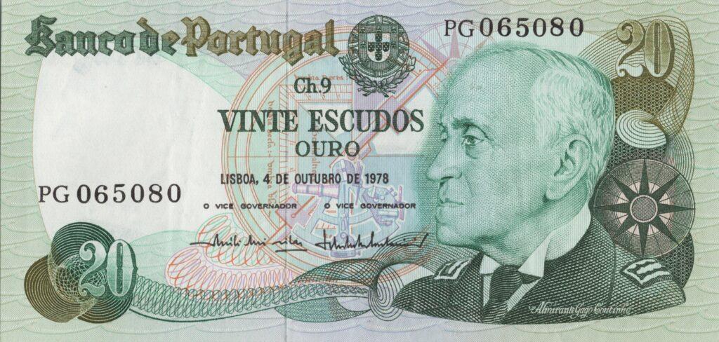 PORTUGAL billet de 20 Escudos 04-10-1978, Amiral Gago Coutinho - Pick-176b(2)