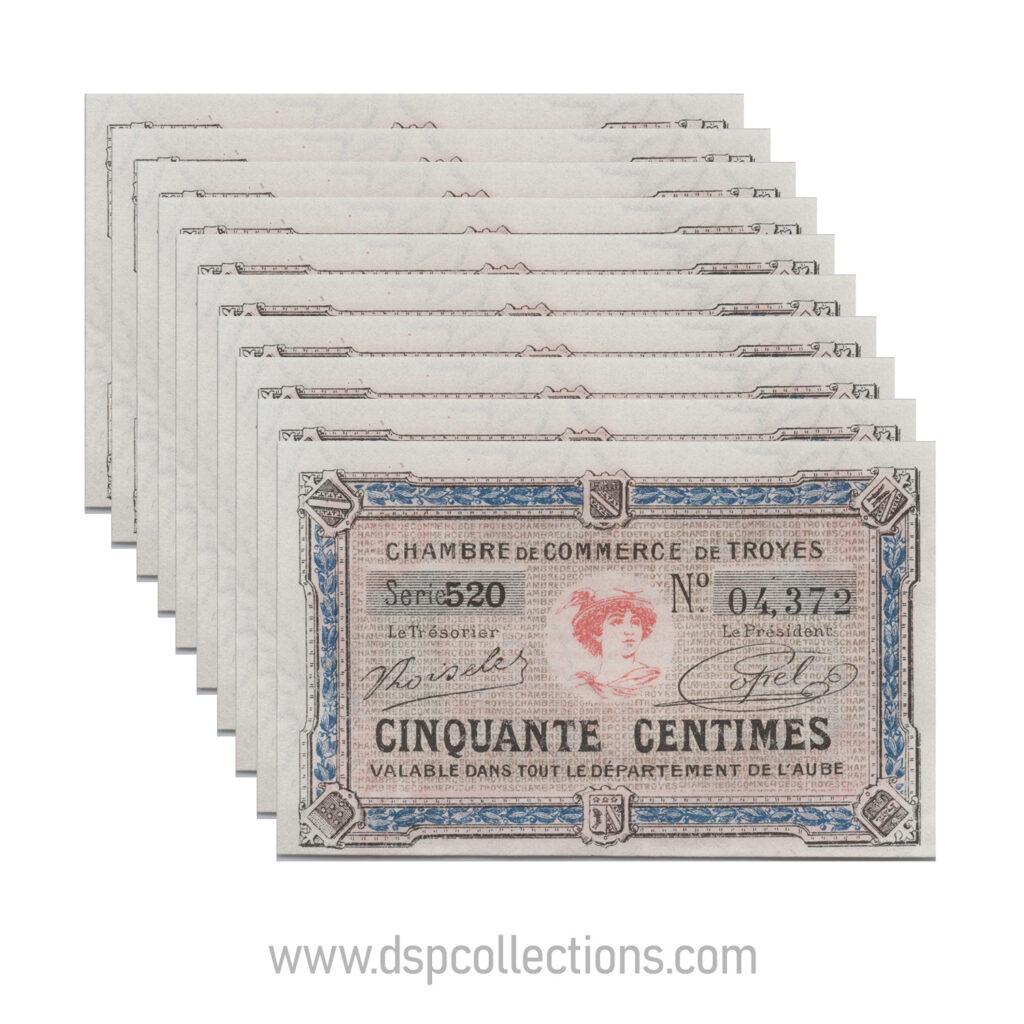 FRANCE lot de 10 billets Chambre de Commerce De Troyes (10), 50 Centimes 1927