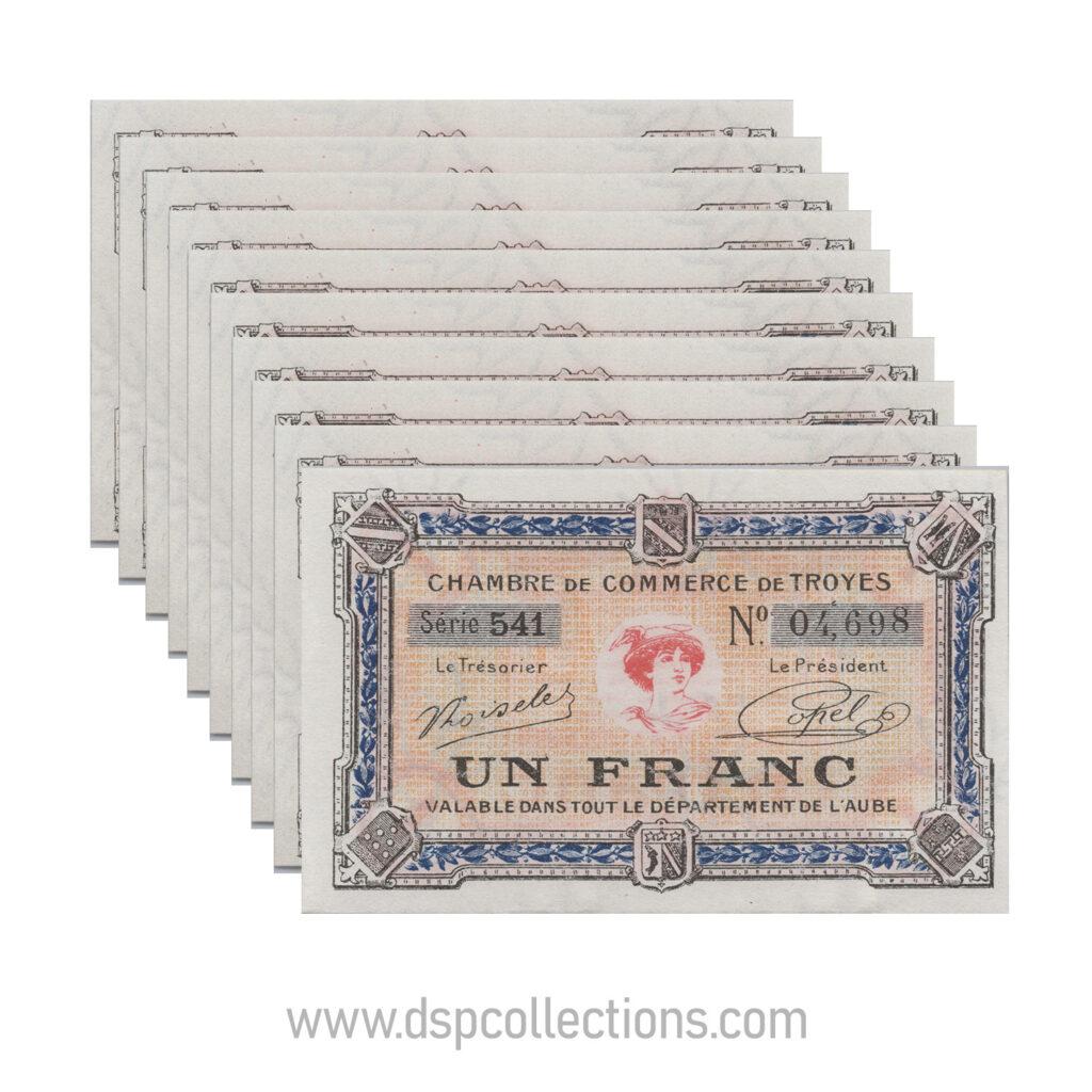 FRANCE lot de 10 billets Chambre de Commerce De Troyes (10), 1 Franc 1927