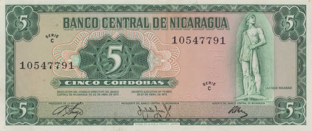 NICARAGUA billet de 5 Cordobas du 27-04-1972 Cacique Nicarao