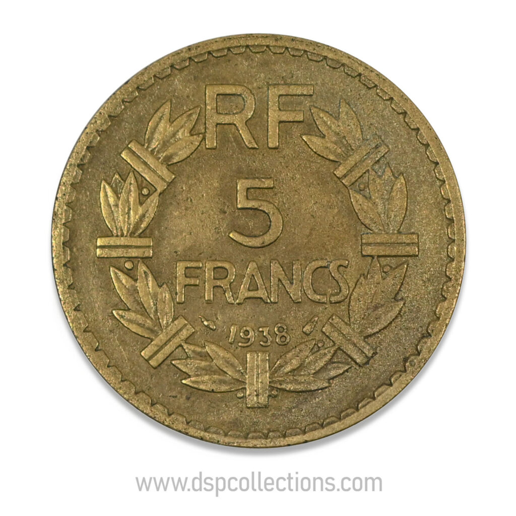 FRANCE, pièce de 5 Francs 1938, Lavrillier Bronze-Aluminium