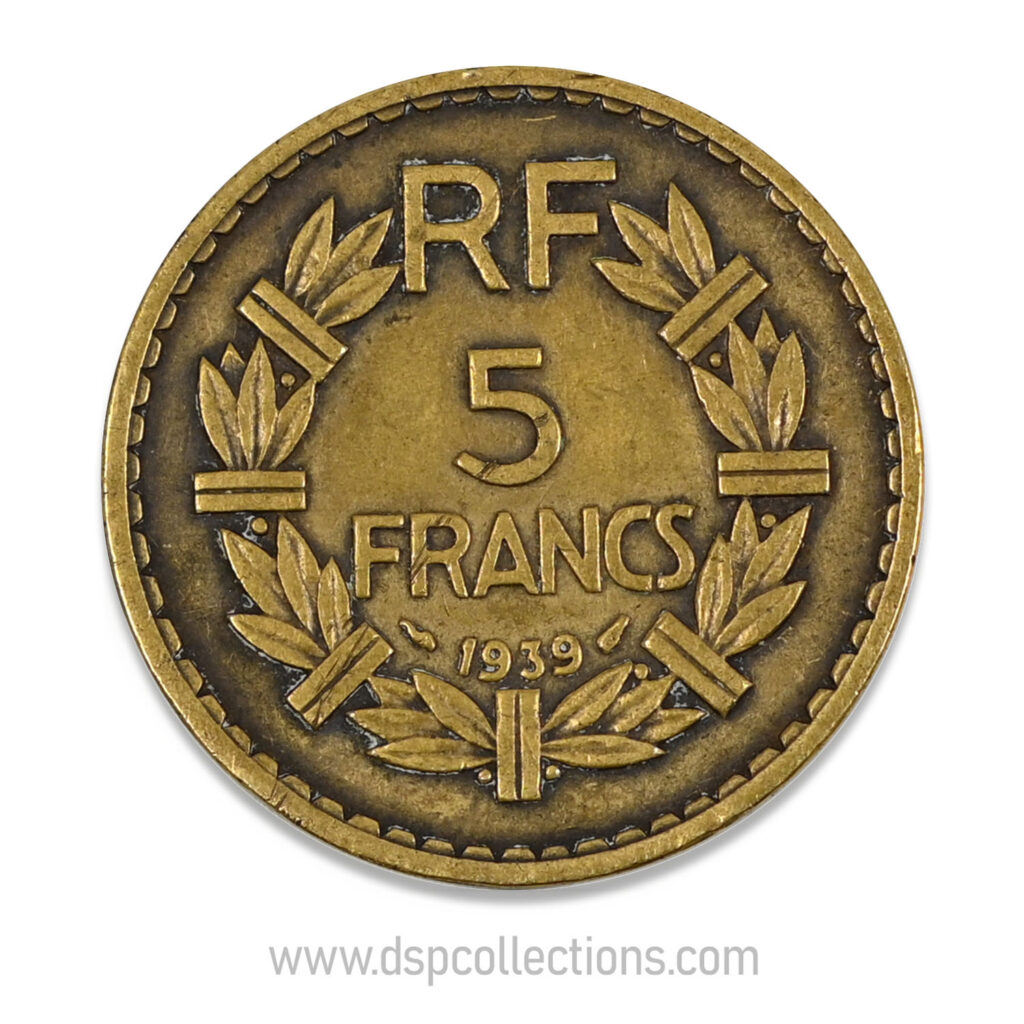 FRANCE, pièce de 5 Francs 1939, Lavrillier Bronze-Aluminium