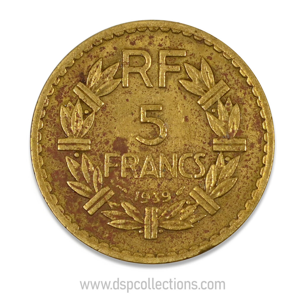 FRANCE, pièce de 5 Francs 1939, Lavrillier Bronze-Aluminium