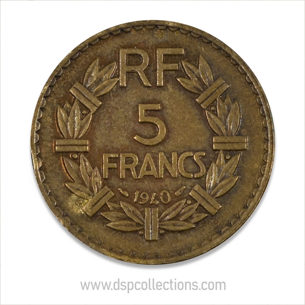 FRANCE, pièce de 5 Francs 1940, Lavrillier Bronze-Aluminium