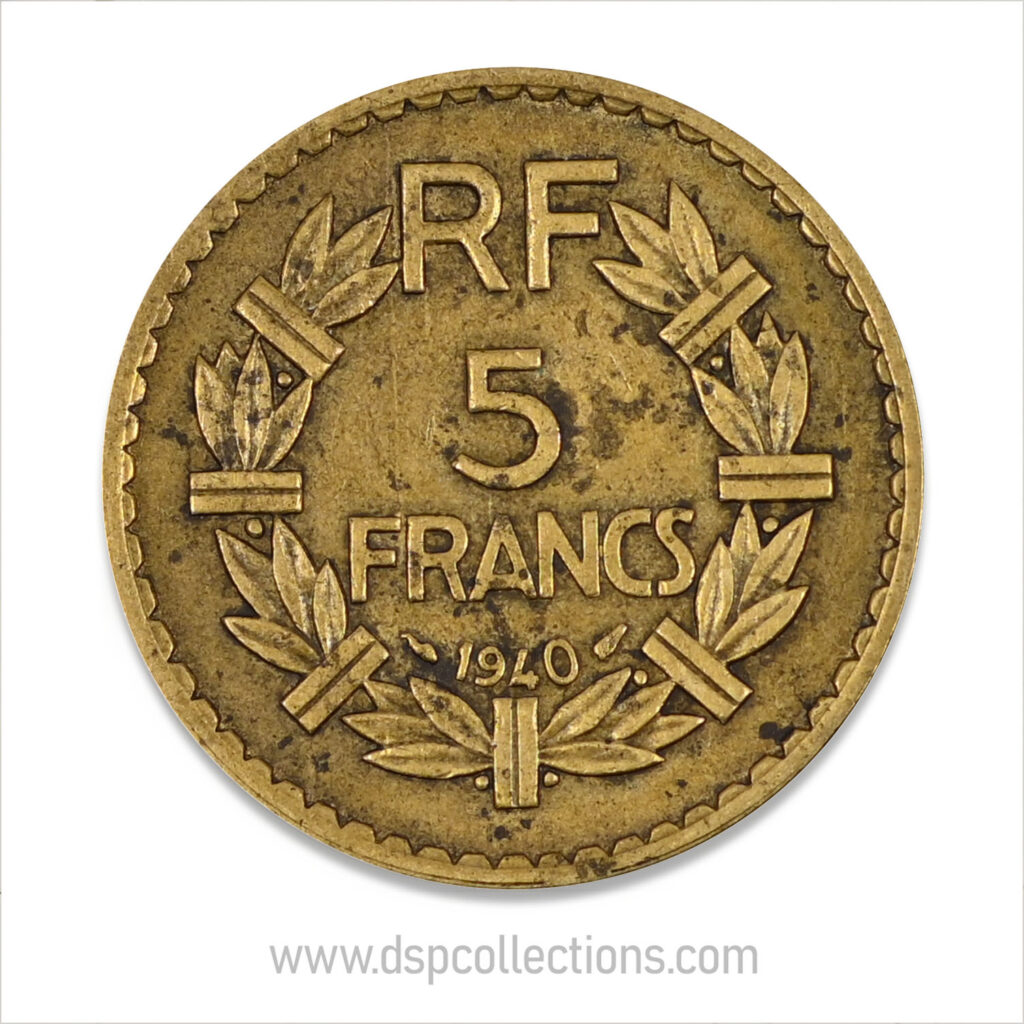 FRANCE, pièce de 5 Francs 1940, Lavrillier Bronze-Aluminium