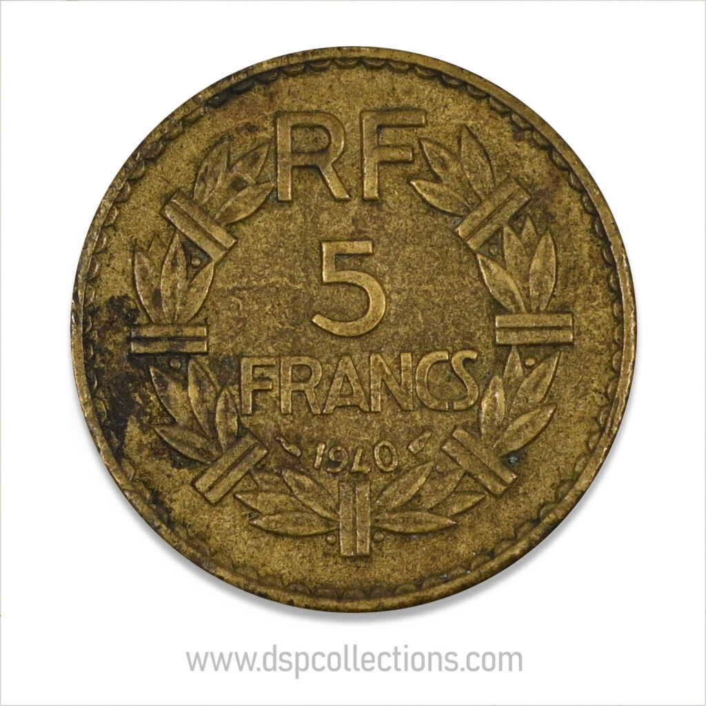 FRANCE, pièce de 5 Francs 1940, Lavrillier Bronze-Aluminium