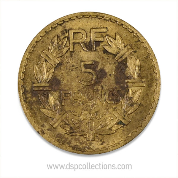 FRANCE, pièce de 5 Francs 1940, Lavrillier Bronze-Aluminium