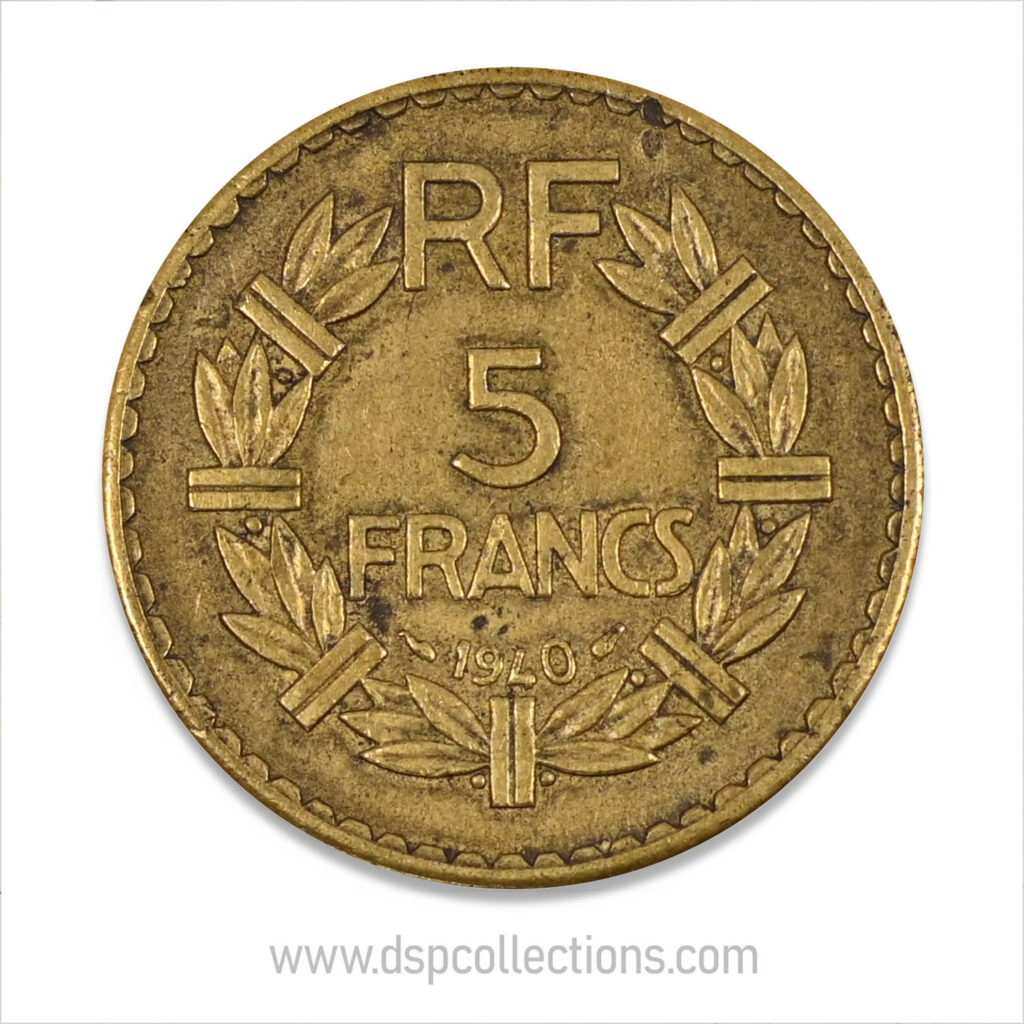 FRANCE, pièce de 5 Francs 1940, Lavrillier Bronze-Aluminium