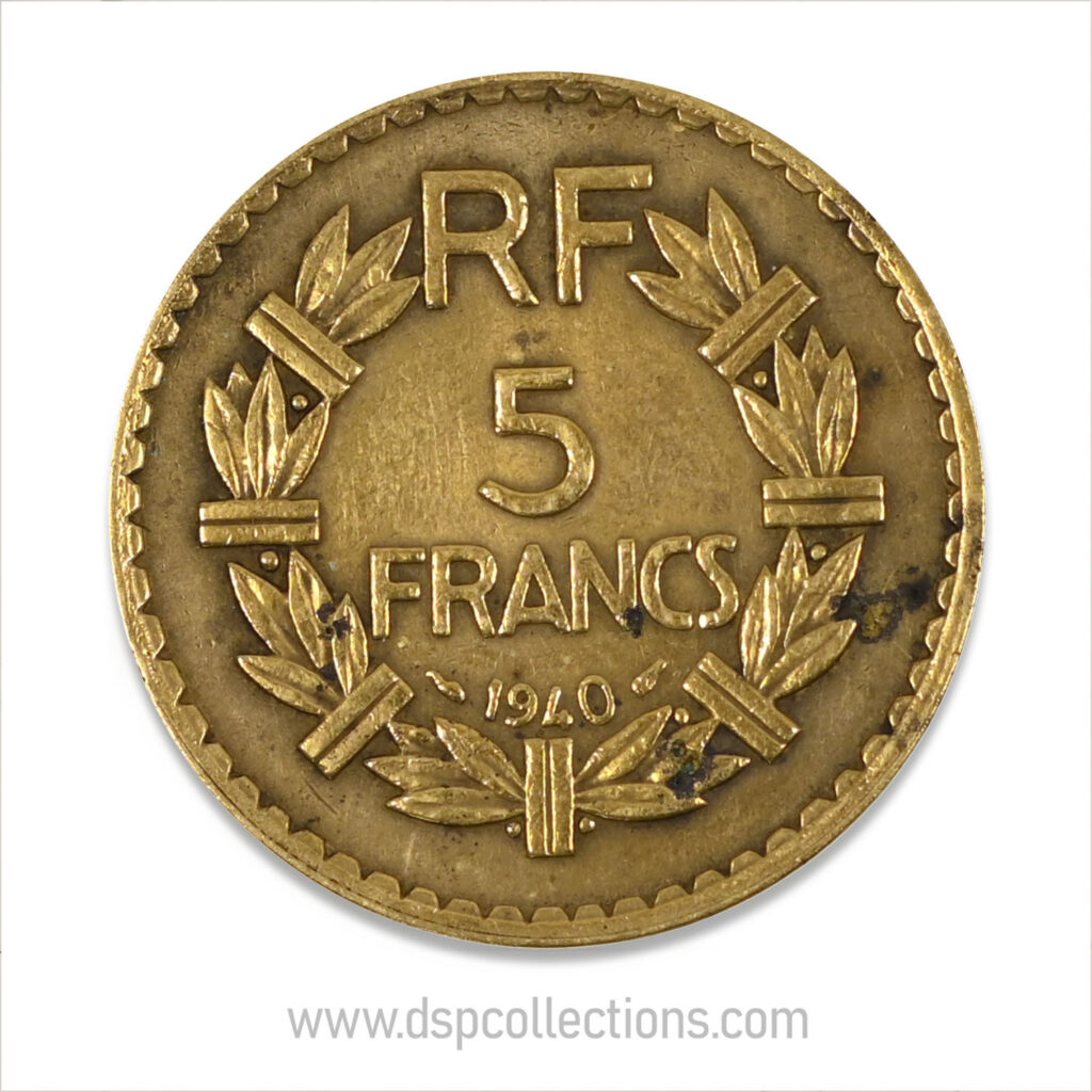 FRANCE, pièce de 5 Francs 1940, Lavrillier Bronze-Aluminium