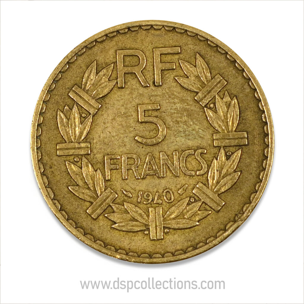 FRANCE, pièce de 5 Francs 1940, Lavrillier Bronze-Aluminium