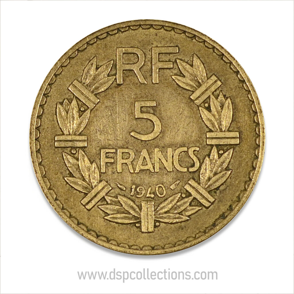 FRANCE, pièce de 5 Francs 1940, Lavrillier Bronze-Aluminium