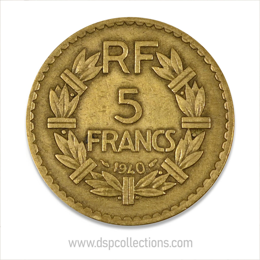 FRANCE, pièce de 5 Francs 1940, Lavrillier Bronze-Aluminium